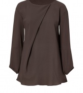 Both elegant and modern, Brunello Cucinellis chocolate silk top is a chic choice for putting a contemporary feminine spin on tailored work looks - Rounded neckline with wrapped front, bracelet-length sleeves, softly gathered cuffs - Loosely fitted, A-line silhouette - Team with sharply tailored trousers and understated elegant accessories