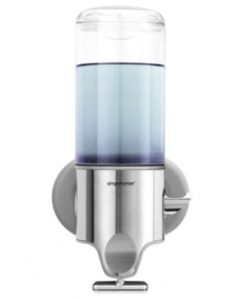 Eliminate the clutter with this innovative pump from simplehuman that keeps shampoo and soap with easy reach. Features durable, long-lasting stainless steel that won't rust or discolor, a clear chamber to show soap levels at a glance and hooks to hold other accessories such as razors, toothbrushes and more. Easy to install with silicone glue and adhesive stripes (included).