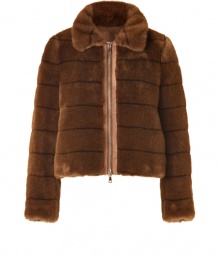 Finish your look on a luxe note with Moschino C&Cs rich brown faux fur jacket, detailed with a vintage-style silhouette for that impossibly glamorous feel - Spread collar, long sleeves, two-way front zip, side slit pockets - Cropped, softly tailored fit - Wear with sheath dresses and platform pumps for cocktails