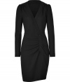 Work a sophisticated edge into you cocktail ready look with Paul & Joes sleek long sleeved wool-crepe sheath - Wrapped V-neckline, long sleeves, zippered cuffs, paneled shoulders, gathered front panel with button detail, front slit, hidden side zip - Tailored fit - Wear with sleek ankle boots and a brightly tinted handbag