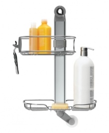 With this clever simplehuman shower caddy, you can stock your private bath like a beauty salon. Slide shelves from side to side to make room for oversized bottles, then hang your razor, washcloth and other accessories from integrated hooks.