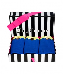 Packaged in a sweet striped box, Juicy Coutures set of 3 undies are as comfy as they are chic - Set of 3 royal blue cotton stretch boyshorts with lemon lace trim, gold-toned logo engraved heart charm, comes in a gift box - The perfect stocking stuffer for your favorite girl