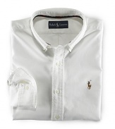 A heritage essential that never goes out of style, the oxford shirt is crafted in Polo's signature tradition, from extra soft combed cotton. This timeless design is tailored for a comfortable, classic fit. Single needle tailoring strengthens the seams and gives a clean look. Button down collar, back box pleat and split back yoke for comfortable fit.