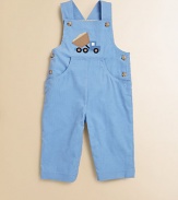 Crafted in classic corduroy, this one-piece overall design has a handsome dumptruck appliqué.SquareneckShoulder straps with button closureSide buttonsSlash pocketsBottom snapsFully linedCottonMachine washImported Please note: Number of buttons and snaps may vary depending on size ordered. 