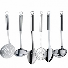 Since 1853 WMF has produced quality-designed products for professional and home use. In keeping with tradition the Profi Plus line of kitchen tools and gadgets are produced and tested with key factors that affect cooking performance: weight, balance, size. The result is over 100 perfect designed tools to choose from - Variety is the spice of life. 18/10 stainless steel, dishwasher safe. Shown left to right: skimming ladle, sauce ladle, slotted serving spoon, small wok strainer, serving spoon, soup ladle.