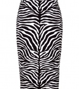 Luxe pencil skirt in fine, rayon stretch blend - Timelessly chic, eye-catching black and white zebra print - Sexy, curve-accentuating silhouette - Long and lean cut, hits at knee - Back vent - Zips at side - Sleek and sophisticated, seamlessly transitions from day to evening - Go for a polished look with a button down and ballet flats, or spice it up with a silk blouse and platform pumps