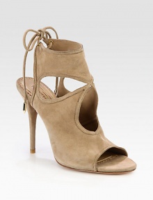 Metal-tip ties back this suede design, with skin-baring cutouts and a daring heel. Self-covered heel, 4½ (115mm)Suede upper with suede metal-tip tiesLeather lining and solePadded insoleMade in Italy