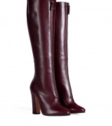 Sleek and sophisticated with their flawless bordeaux leather, Vionnets front zip boots count as a multi-season must - Almond toe, metal front zip, contoured blocky heel - Knee height - Wear with colorful knit dresses and richly tinted accessories