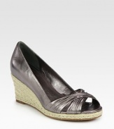 Ruched metallic leather peep toe, grounded by a textured espadrille wedge. Hemp-covered wedge, 2½ (65mm)Hemp-covered platform, ½ (15mm)Compares to a 2 heel (50mm)Leather upperLeather liningRubber solePadded insoleImportedOUR FIT MODEL RECOMMENDS ordering true size. 