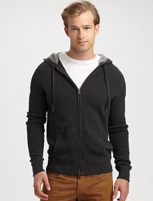 A layering favorite for those cold-weather days and nights, knitted in a thermal cotton with a textured, two-tone finish.Two-way zip frontAttached drawstring hoodFront kangaroo pocketsRibbed knit cuffs and hemCottonHand washImported