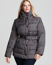 Cozy up to the chilly season with Portrait's belted puffer coat. A plush funnel collar lends added warmth.