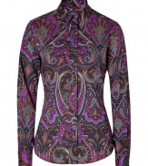 The venerable house of Etro staked its storied name on eye-catching paisley prints, and this elegant, chocolate and violet blouse does not disappoint - Flattering, classic button down style in a soft, multicolor cotton stretch blend - Slim, feminine cut tapers through waist - Small collar, long, cuffed sleeves and full button placket -  Polished and undeniably chic, perfect for pairing with denim, dress trousers, leather pants or pencil skirts