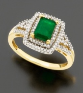 A geometric-inspired style that will put you in the spotlight. A lovely emerald-cut emerald (9/10 ct. t.w.) is surrounded by round-cut diamonds (1/3 ct. t.w.). Set in 14k gold.