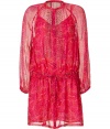 Stylish tunic-dress made ​.​.of fine, fully-lined silk chiffon - Transparent fuchsia print features decorative studded detail at front - Slim cut, with high neck, long mini-button placket, and drawstring waist - Perfect with sandals or wedge heel flats on holiday, at brunch, or when attending a casual daytime party