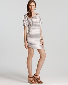 For effortless weekend style Splendid offers up this casually cool striped t-shirt dress. Slip on the comfortable look with fun flat sandals and head to brunch in style. Shopping afterwards? A canvas tote just adds pananche!