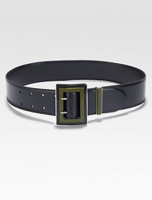 Polished leather belt with plexiglass and metal buckle. Width, about 2Made in Italy