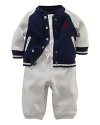 A soft, cozy three-piece set includes an athletic fleece jacket, a cotton jersey Henley bodysuit and comfortable, varsity-inspired sweatpants.