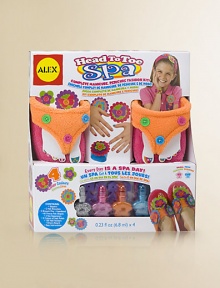 A complete pedicure and slipper decorating kit is the perfect addition to a slumber party. For her pedicure: 3 bottles of kid-friendly nail polish (.23fl oz), 2 toe separators, over 100 nail stickers and a nail file. Decorate a pair of slippers with precut felt shapes that slip on over buttons. Small slipper fits most kids ages 6-8; large fits most kids ages 8-10 Suitable for ages 6 and up Overall, 7½W X 12H X 2½D Imported