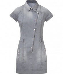 Modern dress in silver-gray stretch cotton - Chic, urban sophistication - Wearable denim with low maintenance care - Feminine cut, sexy mini length, narrowly tailored - With collar, diagonal button placket and short sleeves - Decorative zipper pockets and belt loops - Summer basic thats trendy but versatile - Try with comfortable wedge sandals or simple white canvas flats