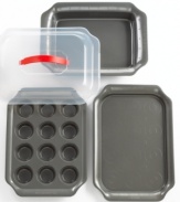 Baked to take. The Pyrex Solutions nonstick bakeware set saves you the hassle of using multiple dishes and containers, letting you store or transport your baked goods right on the pan with a universal plastic lid. Two-year limited warranty.