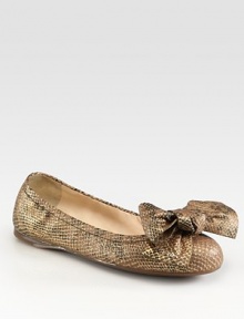 Python stamped metallic leather flat with bow detail. Python stamped leather upperLeather liningRubber solePadded insoleMade in ItalyOUR FIT MODEL RECOMMENDS ordering one half size down as this style runs large. 