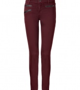 Spice up your casual look with these wine-hued zipper-laden skinnies from cult-favorite denim line J Brand - Flat front, belt loops, three front zip pockets, back patch pockets, skinny leg - Wear with a billowy blouse, a cropped denim jacket and wedge heels