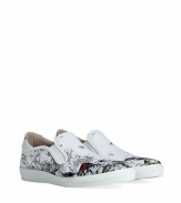 Inject effortless edge into every outfit with McQ Alexander McQueens printed canvas slip-ons, a uniquely cool choice for dressing up or down - Round toe, black-multi printed white canvas uppers, logo on outside of heel, elastic inserts, white rubber sole, slips on - Wear with slim fit trousers, a graphic tee and hoodie, or as a sartorial finish to summer suits