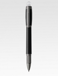 Fineliner with spring mechanism at tip, with barrel and cap made of precious resin and floating logo emblem.FinelinerUses Midnight Black refillsRuthenium-plated clipResin with inlaid logo emblemAbout 5½ longMade in Germany