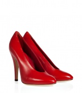 With disco-ready seventies styling, these classic red leather pumps from Casadei add an instant kick to any outfit - Rounded toe, high cut front, stiletto heel - Pair with a figure-hugging cocktail sheath, skinny jeans, or a pencil skirt