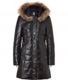 Supple black lamb leather and eye-catching fur trim lend this sleekly elegant Ventcouvert coat its effortless winter-chic appeal - Slim cut quilted style tapers gently through waist - Full snap placket  and underlying zip closure - Pockets at either hip and zipper embellishment at cuffs - On trend fur-trimmed hood - Streamlined and sophisticated, the easiest way to stay warm while looking cool this season! - Pair with any number of looks, from jeans to suit trousers to knit dresses