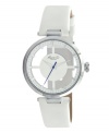 Crystal clear style. Kenneth Cole New York fashions this watch with a uniquely clear case. White leather strap and translucent case with silver tone bezel. White dial features applied silver tone stick indices, printed minute track, logo, hour and minute hands, and blue second hand. Quartz movement. Water resistant to 30 meters. Limited lifetime warranty.