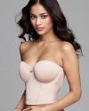 Classic short line bustier with updated, sophisticated look. Amazing firm cups and construction keeps you supported. Very low back. Can be worn five ways: strapless, criss-cross, halter,wide backor one strap. Style #4556