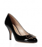 Ultra-luxe black patent leather pumps with gold brooch - Add instant chic to any outfit with these sophisticated shoes - Rounded heel, filigree stiletto, and decorative brooch on toe - Style with wide leg trousers and a blazer for everyday elegance or a sheath dress and stockings