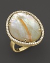 Diamonds circle a faceted rutilated quartz and mother-of-pearl doublet in an 18K yellow gold band. By Di Massima.