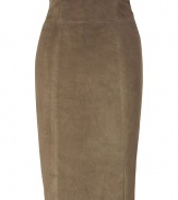 Luxurious pencil skirt in khaki suede - a highlight piece from the French leather label Jitrois, known for their luxurious, sexy clothes - classic pencil cut with new, high waist - seam ends at your knee - new length - makes your figure a knockout, youve never worn such a skirt that shows off your curves and makes you totally slim, too - in the office with a blazer and blouse, for evening with a tunic and sandals