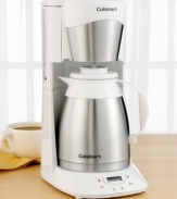 Now you can enjoyed piping hot, full-flavored coffee in style. This handsome coffee maker from Cuisinart features a good-looking brushed stainless steel carafe that keeps coffee hot for 12 hours. The patented brew-through and pour-through lid means coffee means less mess. Totally programmable, this coffee maker can be started any time during a 24-hour cycle. Loaded with useful features like Brew Pause, automatic shutoff, brewing complete alarm and a #4 paper filter starter kit. Covered by a three-year limited warranty. Model DTC-975