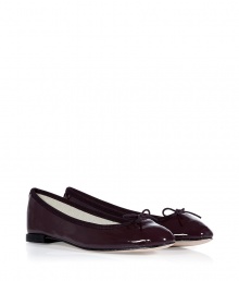 Inject subtle polish to your work or play ensembles with these chic patent leather ballet flats from Repetto - Classic ballet flat styling, front bow detail, leather sole, low heel, glossy wine-hued patent leather - Pair with a full skirt and a tie-front top or a frilly mini dress