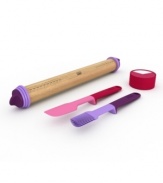 Born to bake. Bright and colorful, this chef's set stocks your kitchen with the essentials-an adjustable rolling pin, pie timer, small spatula and pastry brush-to make baked goods truly great.