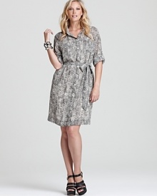 A modern approach to classic tweed, this DKNYC Plus dress marries a graphic print with a utilitarian silhouette for a strong, feminine finish. Amp up the look with strappy sandals and a stack of bangles for 24-7 chic.