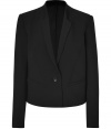 Lend a sleek modern edge to your outfit with this characteristic cool blazer from Helmut Lang - Collarless with modern lapel, long sleeves, padded shoulders, buttoned cuffs, slit pockets, single button closure - Cropped, boxy fit - Wear over tissue tees with leather leggings and edgy ankle boots