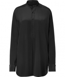 Stylish top in fine black silk - Stylish tunic look, slim, straight and beautifully long - With a small stand collar, half placket and long sleeves - Casual, yet stylish alternative to a classic blouse - Casual AND comfortable - Extremely versatile, suitable for the office and leisure - A hit combination for business trousers, jeans, and a midi skirt - Makes a sexy silhouette with a belt at your waist