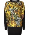 With a bold scarf print, this edgy-cool silk dress from Roberto Cavalli makes a bold statement - High round neck, two-tone dolman sleeves, relaxed fit printed bodice, fitted mini skirt - Style with platform booties and a leather clutch