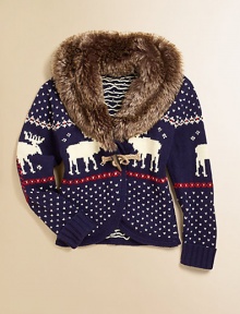 A stylish shawl-collar cardigan is rendered in a hearty Fair Isle knit moose design and accented with a plush faux-fur collar for added warmth and a cozy feel.Oversized faux-fur collarLong sleeves with ribbed cuffsSingle toggle closureCurved hemCotton/WoolDry cleanImported Please note: Number of buttons may vary depending on size ordered. 