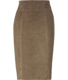 Luxurious pencil skirt in khaki suede - a highlight piece from the French leather label Jitrois, known for their luxurious, sexy clothes - classic pencil cut with new, high waist - seam ends at your knee - new length - makes your figure a knockout, youve never worn such a skirt that shows off your curves and makes you totally slim, too - in the office with a blazer and blouse, for evening with a tunic and sandals