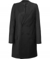 Luxurious coat in black wool - fashionable mens coat look - broad revers, double-breasted - straight cut, classic short coat langth (above the knee) - a smashing coat to impress - suitable for day and night - pairs with respectable office outfits as well hot night-out looks