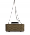 Hard-edge elegance gets an impossibly luxe twist in Diane von Furstenbergs python embossed leather clutch, finished to perfection with a flawless patent leather back - Metal frame, hinged top closure, removable chain-link shoulder-strap, inside back wall slot pocket - Pair with cocktail dresses and statement pumps