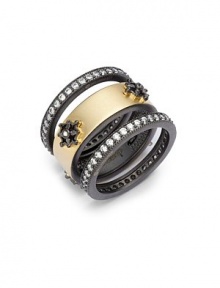 THE LOOKSet of three ringsFloral detailsCubic zirconia accentsGold vermeil and black rhodium-plated sterling silver settingTHE MEASUREMENTWidth, about .5ORIGINImported