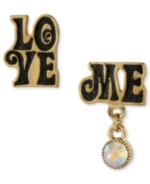 Looking for that special someone? Make your intentions known with these mismatch earrings from Betsey Johnson. Crafted from gold-tone mixed metal, the earrings also feature glass crystal accents for an enticing look. Approximate drop: 5/8-3/4 inch.