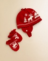 A vintage-inspired intarsia-knit moose design imbues a cozy hat-and-mitten set with classic seasonal style.Hat fastens beneath the chin with adjustable button strapPull-on mittens without thumbs and connecting stringCottonMachine washImported