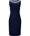 Inject an edge of modern elegance into your outfit with Moschinos ultra contemporary dot studded sheath - Boat-neckline with dot embellished trim, elasticized back with peplum, hidden side zip - Tailored silhouette - Wear with ladylike peep-toes and a statement clutch